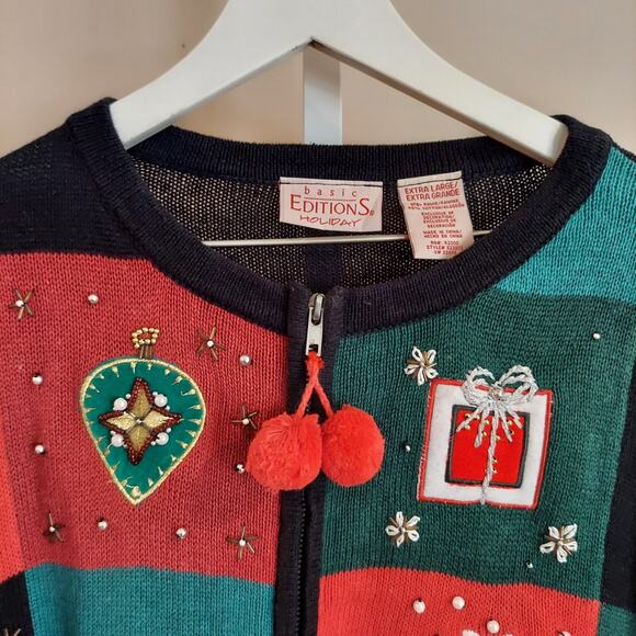 Basic Editaions Holiday Christmas Sweater Size XL Full Zip Beaded Ornaments - Picture 3 of 8